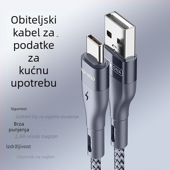 Type-C kabel s jednim priključkom, najlonska oplata, kabel za podatke i punjenje, 5V/2.4A, aluminijsko kućište, kompatibilan s Huawei, Android i iPhone