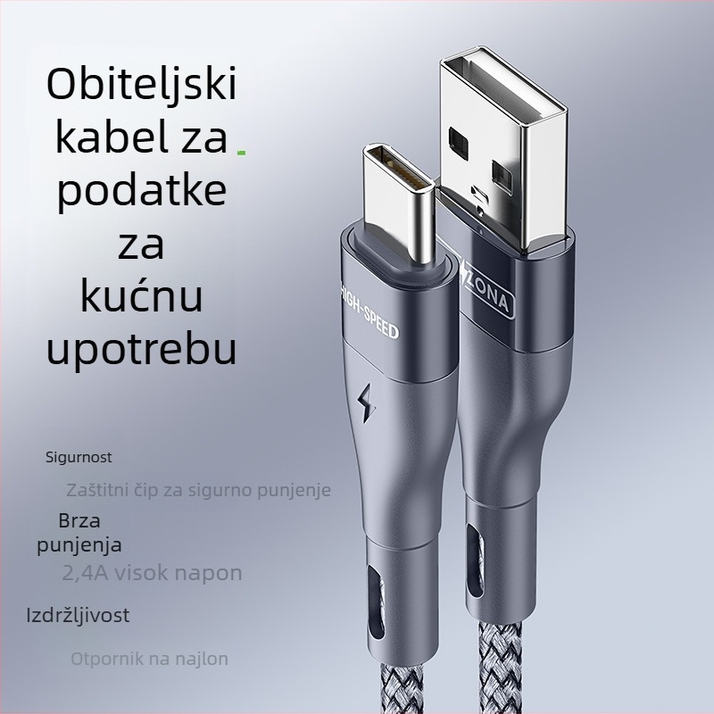 Type-C kabel s jednim priključkom, najlonska oplata, kabel za podatke i punjenje, 5V/2.4A, aluminijsko kućište, kompatibilan s Huawei, Android i iPhone