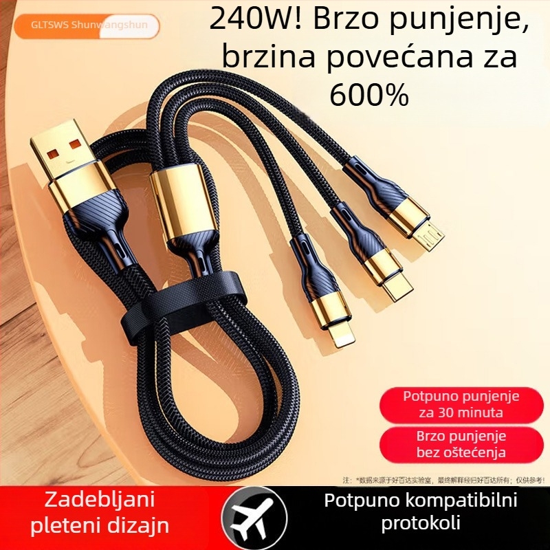 Kabel za podatke s brzim punjenjem 3-u-1 s Lightning, Micro USB i Type-C – 240W max, kompatibilan s Apple, Huawei, Oppo, Xiaomi i Vivo