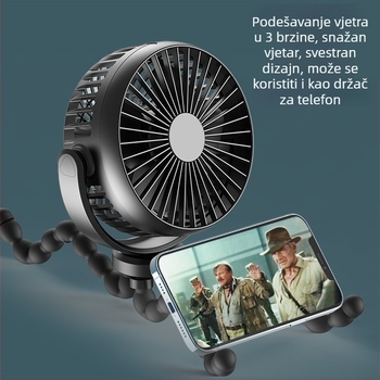Oktopodni ručni ventilator s ugrađenom baterijom 1200–2000 mAh, USB napajanje, 3 brzine, buka 36–45 dB, power bank funkcija