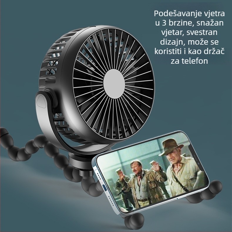 Oktopodni ručni ventilator s ugrađenom baterijom 1200–2000 mAh, USB napajanje, 3 brzine, buka 36–45 dB, power bank funkcija