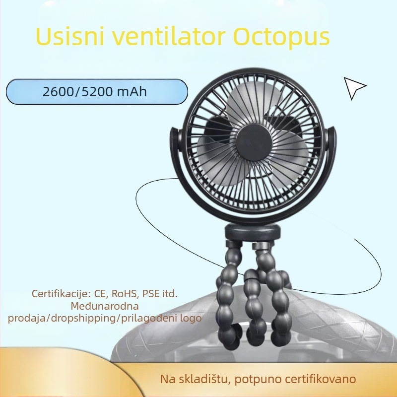 Oktopodni ručni ventilator s ugrađenom baterijom 1200–2000 mAh, USB napajanje, 3 brzine, buka 36–45 dB, power bank funkcija