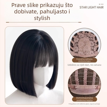 Puna perika za žene, prirodan izgled, kratak bob s ravnim šiškama, toplinski otporne sintetičke vlakna