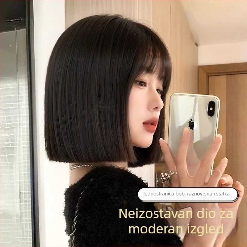 Puna perika za žene, prirodan izgled, kratak bob s ravnim šiškama, toplinski otporne sintetičke vlakna