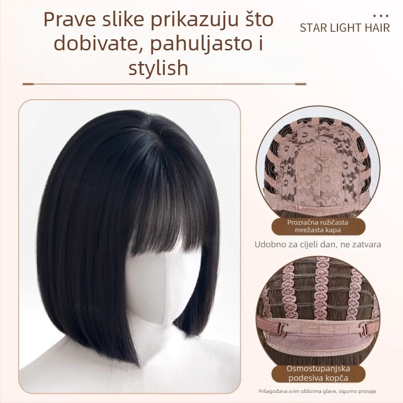 Puna perika za žene, prirodan izgled, kratak bob s ravnim šiškama, toplinski otporne sintetičke vlakna