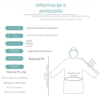 Prijenosno jednokratno pončo za odrasle, materijal TPE, debljina 1,5 mm, težina 13 g