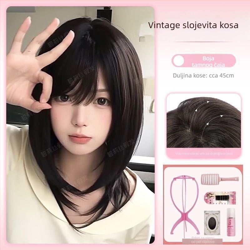 Perika s dugom ravnom kosom i kosom s nagibom, prirodni izgled, model X-129, mehanička izrada, vlasi od visoko temperatijske svile