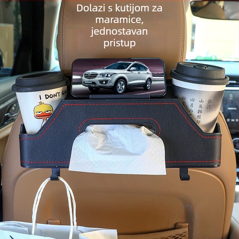Automobilski organizator za stražnje sjedalo – plast + koža, držač za čaše, kutija za maramice i kuka, model 3333, prilagodljiv, ispis logotipa