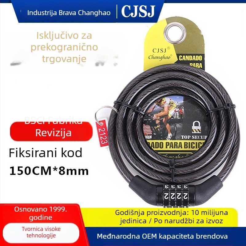 Lac za bicikl sa šifrom, 4-cifreni fiksni kod, CH-203, čelična žica + PVC kućište, težina 175 g