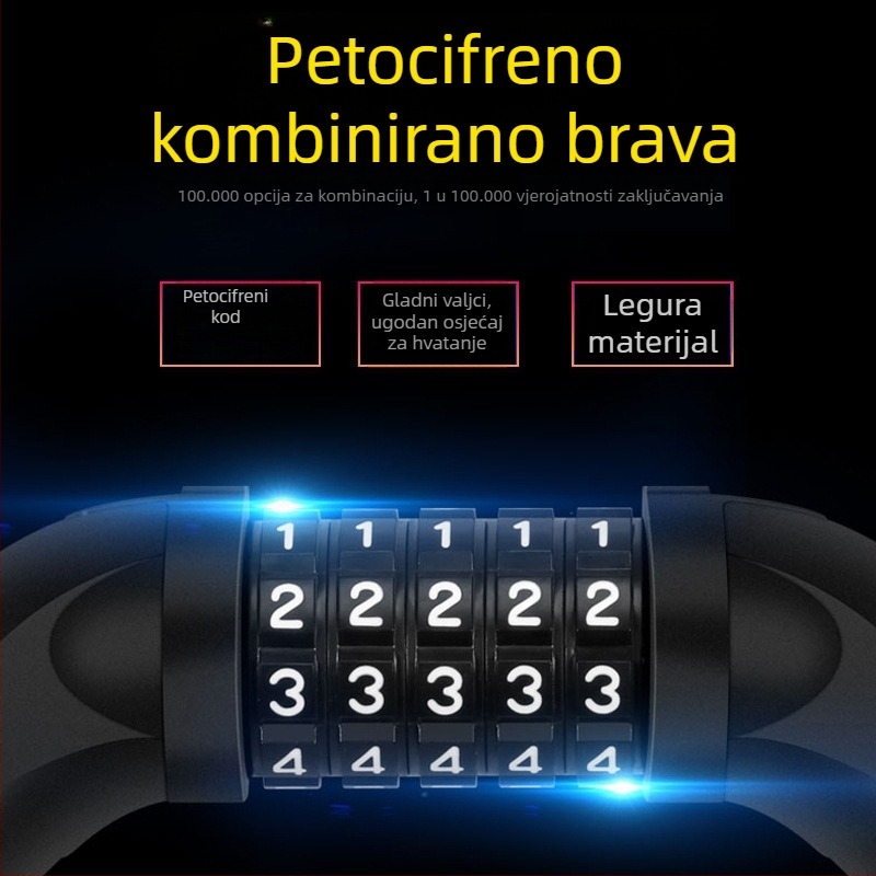 Petocifreni lanac za zaključavanje s kodom, od legirane čelične žice, 500 g, pogodna za bicikl, električno vozilo i motocikl