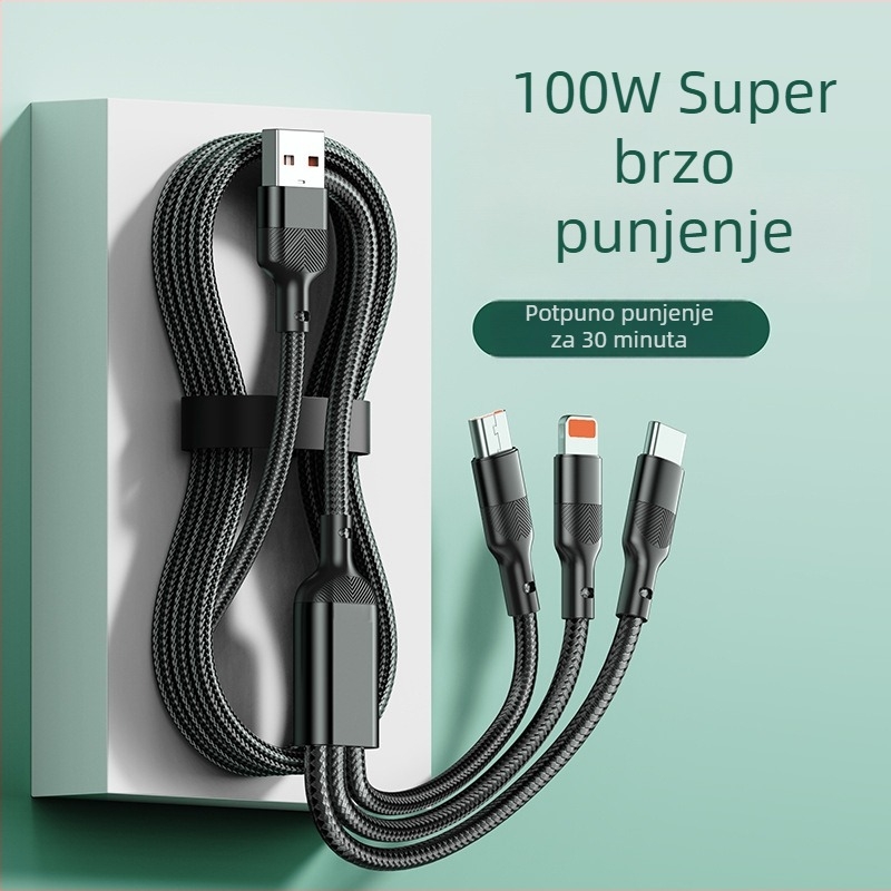 Trostruki podatkovni kabel za brzo punjenje — tri izlaza: Mini USB, Lightning, Micro USB i Type-C; automatsko isključivanje; maksimalni izlaz 6W; pleteni materijal.