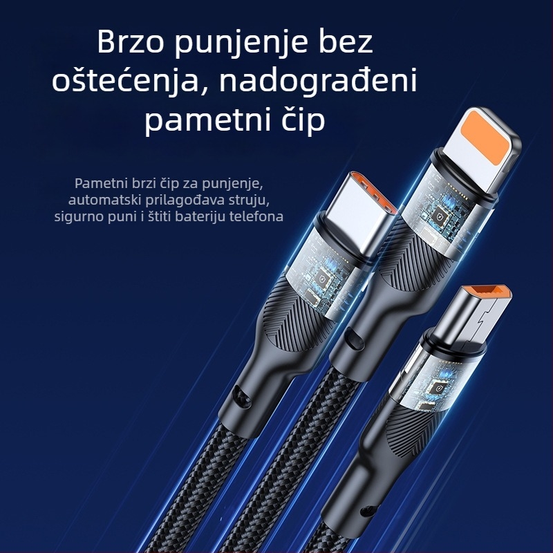 Trostruki podatkovni kabel za brzo punjenje — tri izlaza: Mini USB, Lightning, Micro USB i Type-C; automatsko isključivanje; maksimalni izlaz 6W; pleteni materijal.