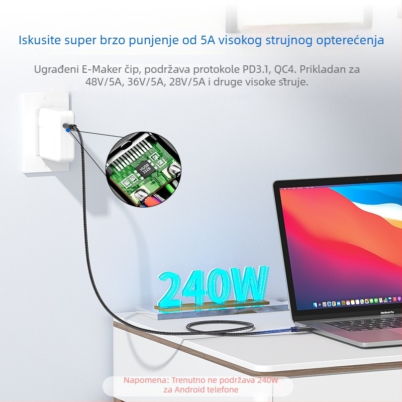 USB-C kabel za podatke s PD brzim punjenjem, aluminijska legura, jednosmjerni konektor, 240W