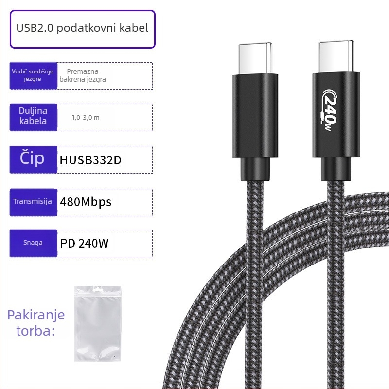 USB-C kabel za podatke s PD brzim punjenjem, aluminijska legura, jednosmjerni konektor, 240W