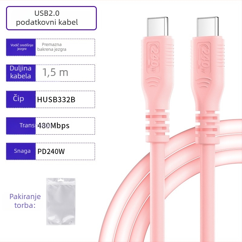 USB-C kabel za podatke s PD brzim punjenjem, aluminijska legura, jednosmjerni konektor, 240W
