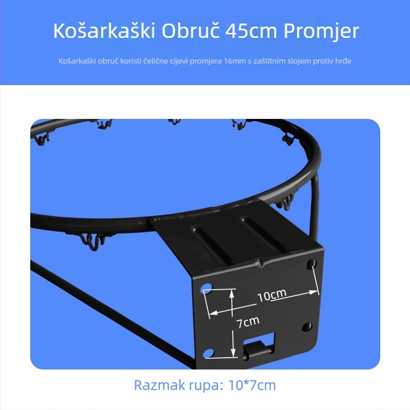 Čvrst košarkaški obruč, konstrukcija od lijevanog željeza, promjer cijevi 16 mm, težina 3,25 kg, SOBALL