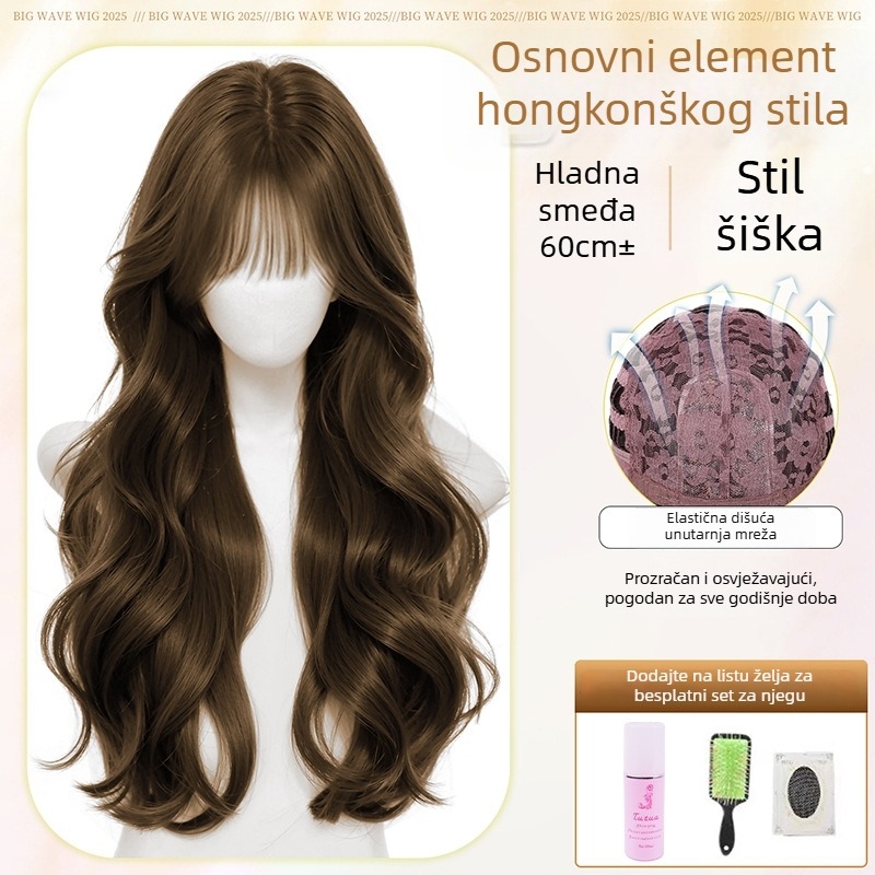 Perika: duga kosa s velikim valovima, prirodan izgled, termootporna vlakna, bočna šiška, potpuno prekrivanje glave