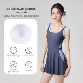 Ženski jednodijelni kupaći kostim sa suknjastim krojem, s ugrađenim jastučićima za prsa, bez metalne potpore, poliester-spandeks materijal 85%
