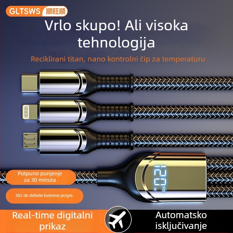 3-u-1 kabel za podatke i punjenje s digitalnim zaslonom, 120W, Lightning, Micro USB i USB-C, cinkov legura, 1–3 izlaza