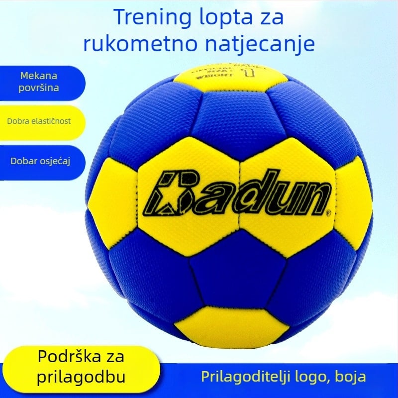 Dječja rukometna lopta broj 0123 od gume, prilagodljiva s logotipom, pogodna za školska natjecanja u osnovnoj školi i vrtiću.