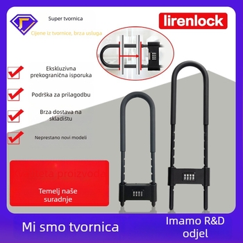 U-oblika brava s lozinkom za staklena vrata i električna vozila, potpuno metalna mehanička sigurnosna brava, marka Liren, model U-lock, debljina šipke 16 mm