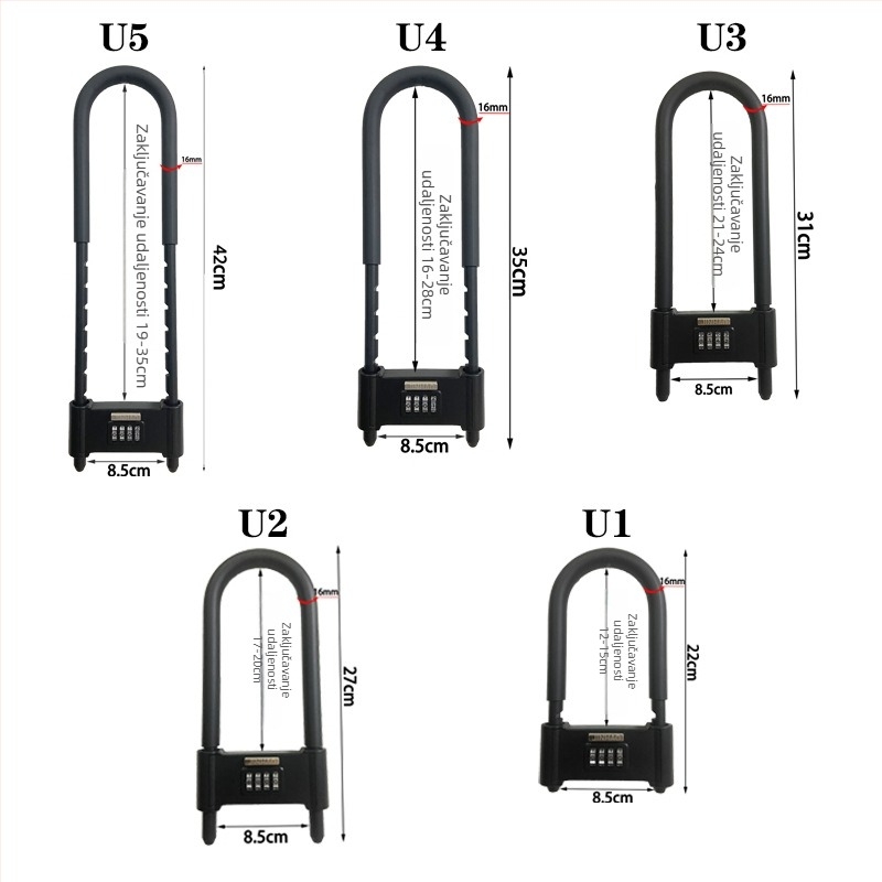 U-oblika brava s lozinkom za staklena vrata i električna vozila, potpuno metalna mehanička sigurnosna brava, marka Liren, model U-lock, debljina šipke 16 mm