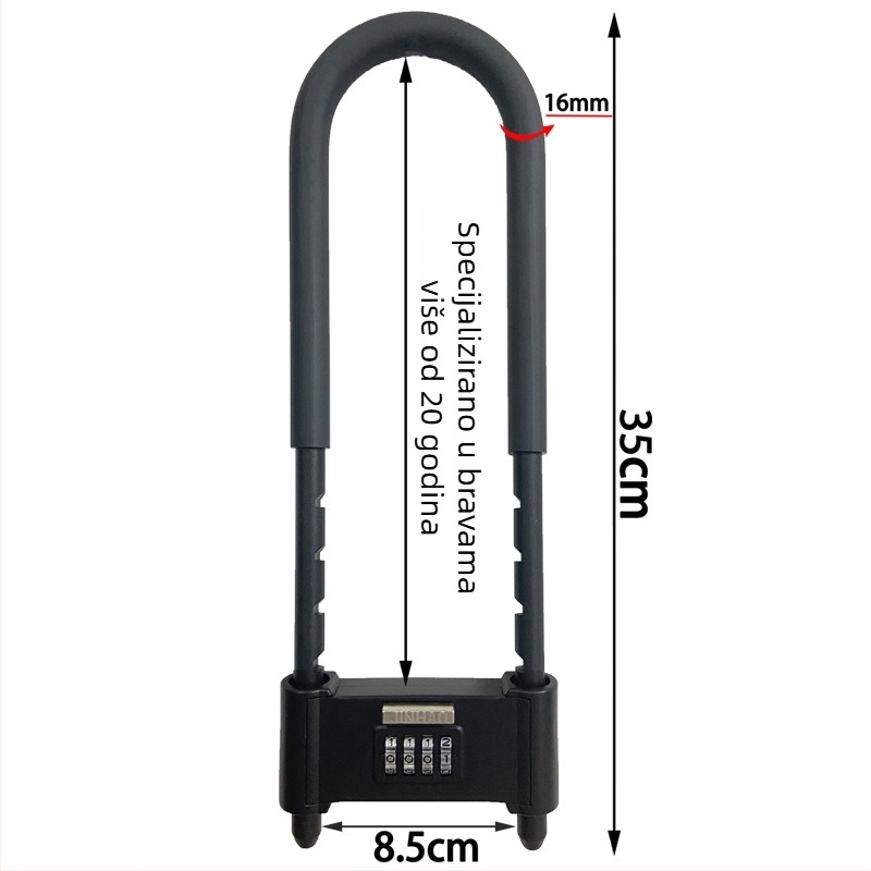 U-oblika brava s lozinkom za staklena vrata i električna vozila, potpuno metalna mehanička sigurnosna brava, marka Liren, model U-lock, debljina šipke 16 mm