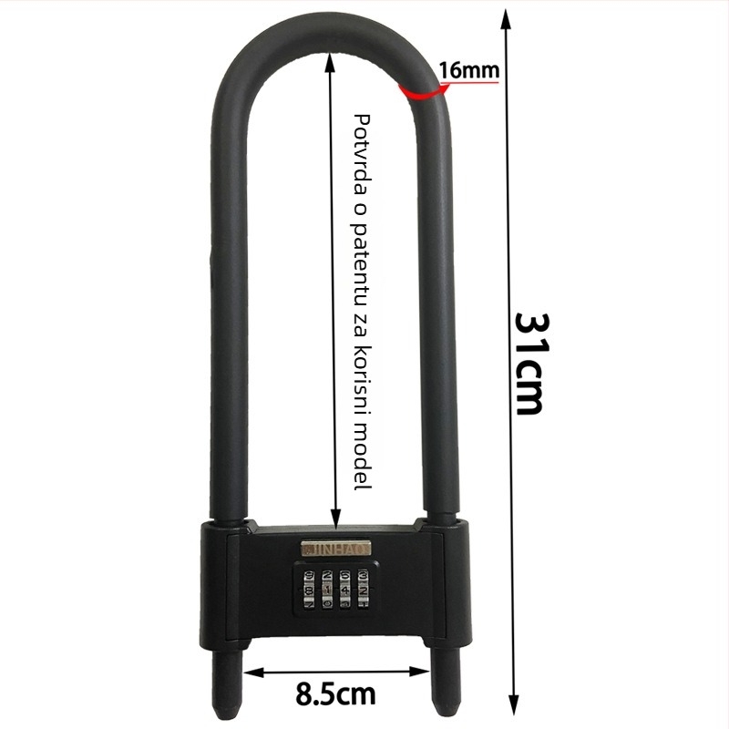 U-oblika brava s lozinkom za staklena vrata i električna vozila, potpuno metalna mehanička sigurnosna brava, marka Liren, model U-lock, debljina šipke 16 mm