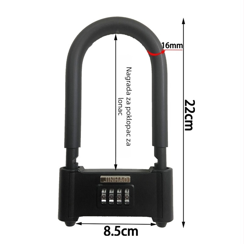 U-oblika brava s lozinkom za staklena vrata i električna vozila, potpuno metalna mehanička sigurnosna brava, marka Liren, model U-lock, debljina šipke 16 mm