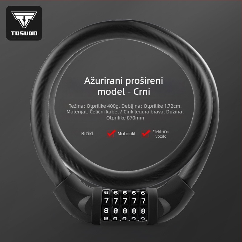 Tosuod brava za bicikl s 5-znamenkastim kodom, metalni prstenasti oblik, prijenosna