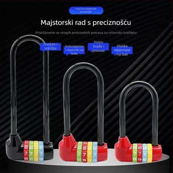 Duga U-oblikovana brava s lozinkom za bicikle i ormariće, model 206 Long Beam Series, materijal nehrđajući čelik i metalna legura, težina 250 g