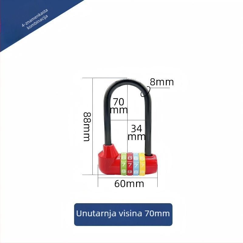Duga U-oblikovana brava s lozinkom za bicikle i ormariće, model 206 Long Beam Series, materijal nehrđajući čelik i metalna legura, težina 250 g