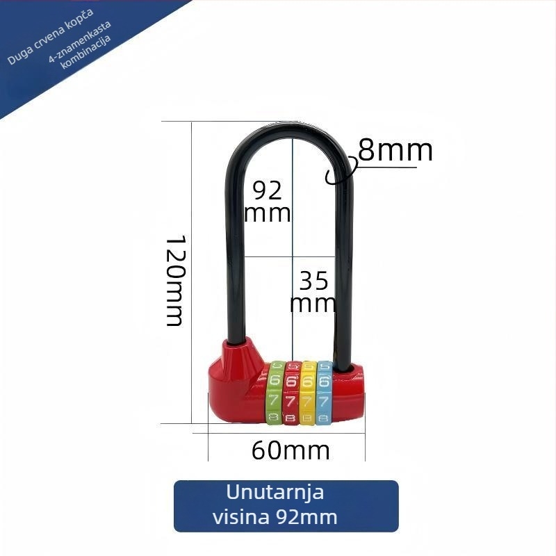 Duga U-oblikovana brava s lozinkom za bicikle i ormariće, model 206 Long Beam Series, materijal nehrđajući čelik i metalna legura, težina 250 g