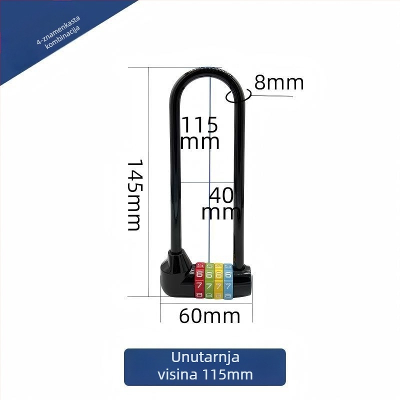 Duga U-oblikovana brava s lozinkom za bicikle i ormariće, model 206 Long Beam Series, materijal nehrđajući čelik i metalna legura, težina 250 g