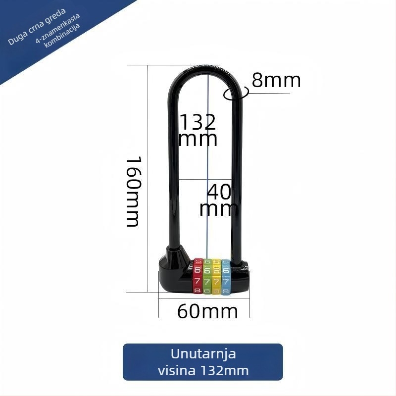 Duga U-oblikovana brava s lozinkom za bicikle i ormariće, model 206 Long Beam Series, materijal nehrđajući čelik i metalna legura, težina 250 g