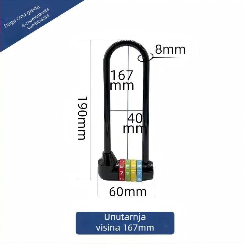 Duga U-oblikovana brava s lozinkom za bicikle i ormariće, model 206 Long Beam Series, materijal nehrđajući čelik i metalna legura, težina 250 g