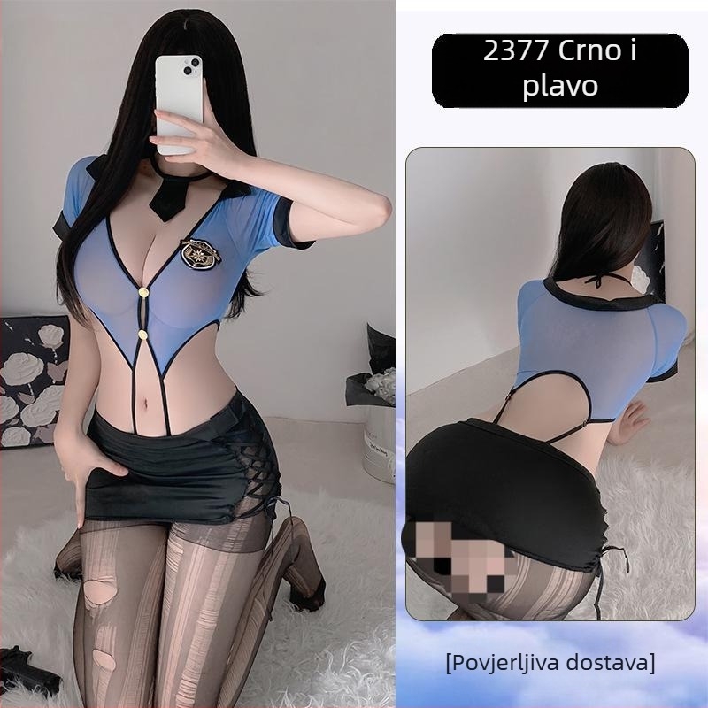 Policijski cosplay bodi s mrežastim panelima, izrezima i V-izrezom, dizajn hip suknje; poliester tkanina, 80–90% poliester