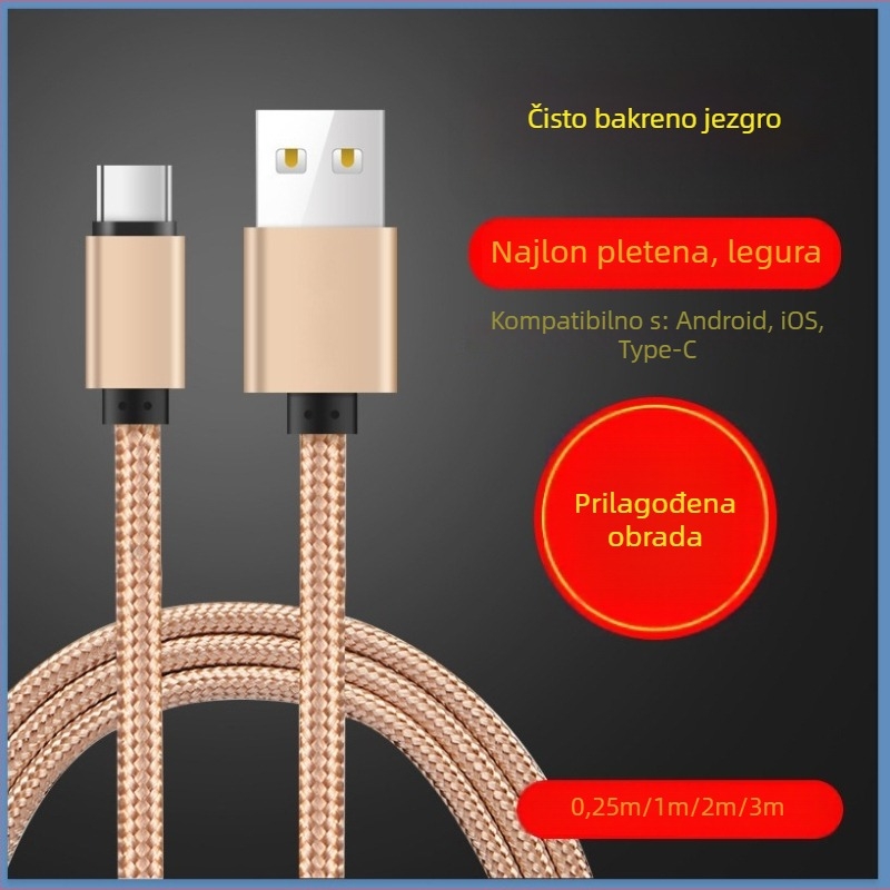 3-u-1 nylon kabel USB s Lightning, Micro USB i Type-C priključcima – brzo punjenje, maksimalni izlaz 20W