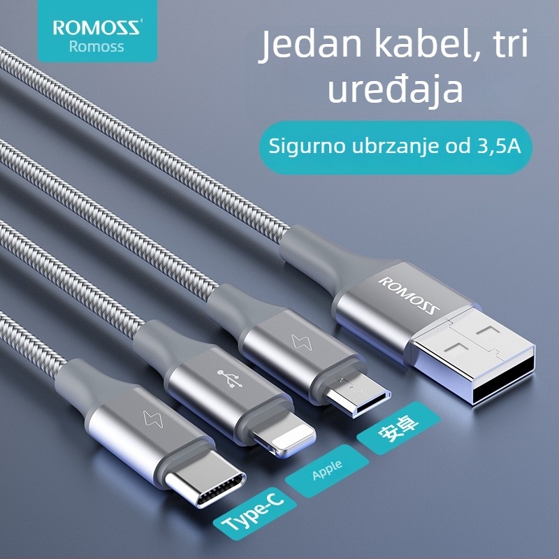 Romoss Mini USB kabel za podatke, duljina 1–2 m, razdvajanje 1–3, pleteni kabel, brzo punjenje do 3,5 A
