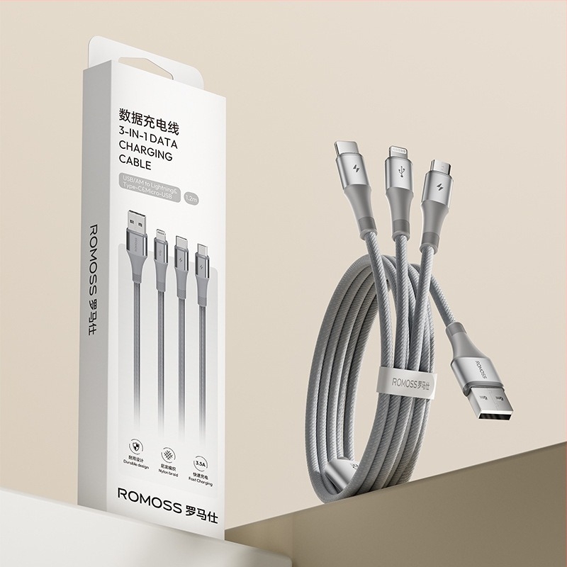 Romoss Mini USB kabel za podatke, duljina 1–2 m, razdvajanje 1–3, pleteni kabel, brzo punjenje do 3,5 A