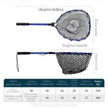 Sklopiva teleskopijska mreža za ribolov s aluminijskim okvirom i gumom mrežom
