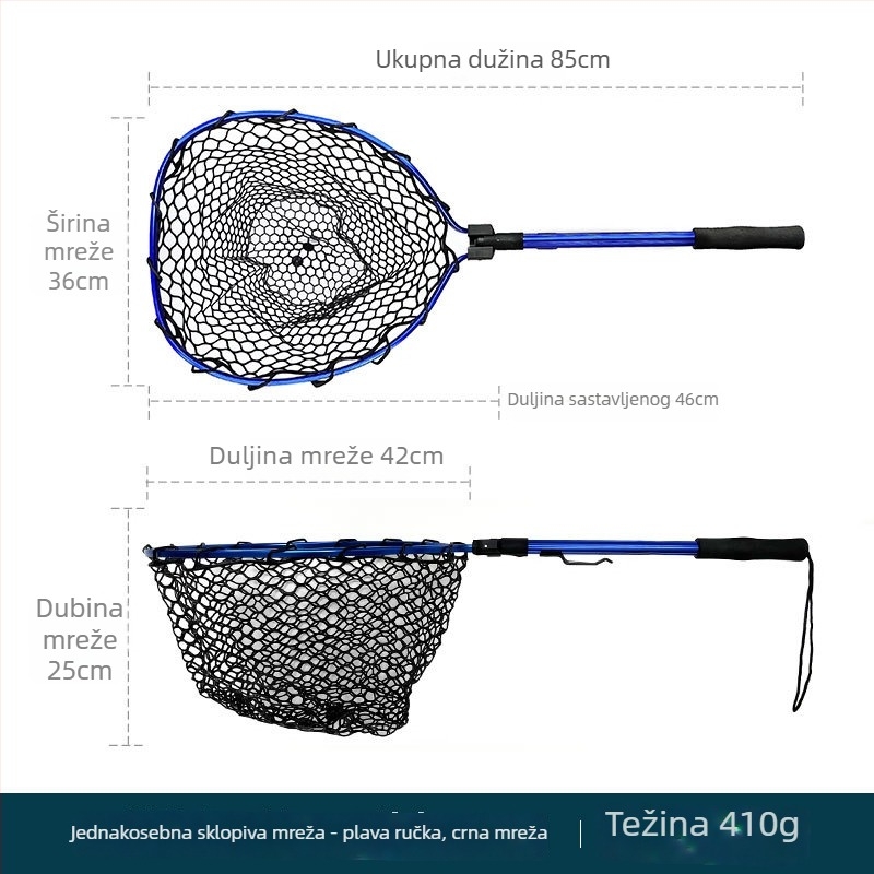 Sklopiva teleskopijska mreža za ribolov s aluminijskim okvirom i gumom mrežom