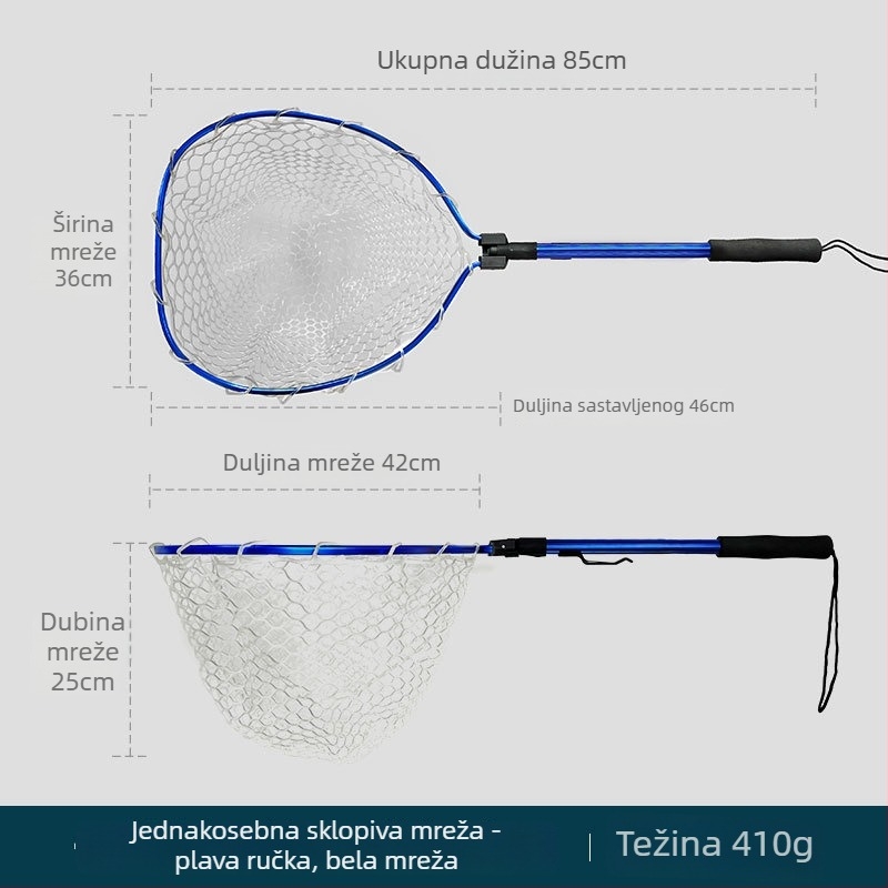 Sklopiva teleskopijska mreža za ribolov s aluminijskim okvirom i gumom mrežom
