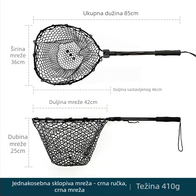 Sklopiva teleskopijska mreža za ribolov s aluminijskim okvirom i gumom mrežom