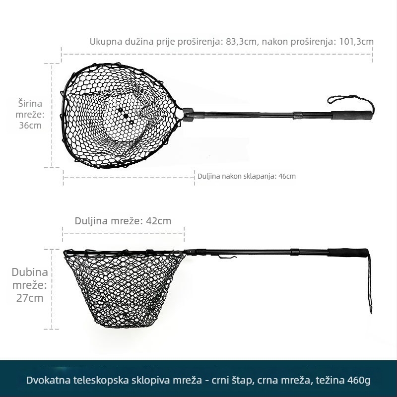 Sklopiva teleskopijska mreža za ribolov s aluminijskim okvirom i gumom mrežom