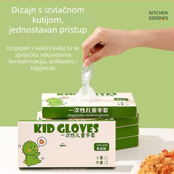 Dječje jednokratne TPE rukavice, prehrambene kvalitete, debele, protuklizne, otporne na ulje; plastični materijal, proziran uzorak, debljina 1, zaštita od prašine