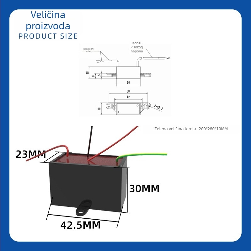 Plazma generator - Sterilizacija i pročišćavanje zraka, Model TFB-Y78DJ4; Veličina napojnog modula 42.5×23×30 mm; Veličina zelenog tereta 280×280×10 mm
