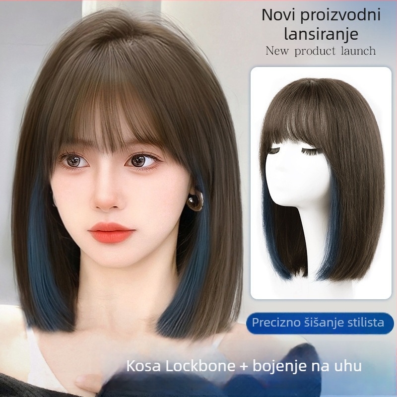 Ženska kratka perika s ravnim šiškama, prirodan dnevni izgled, strojno izrađena od visokotemperatnog svilenog materijala, univerzalni tip