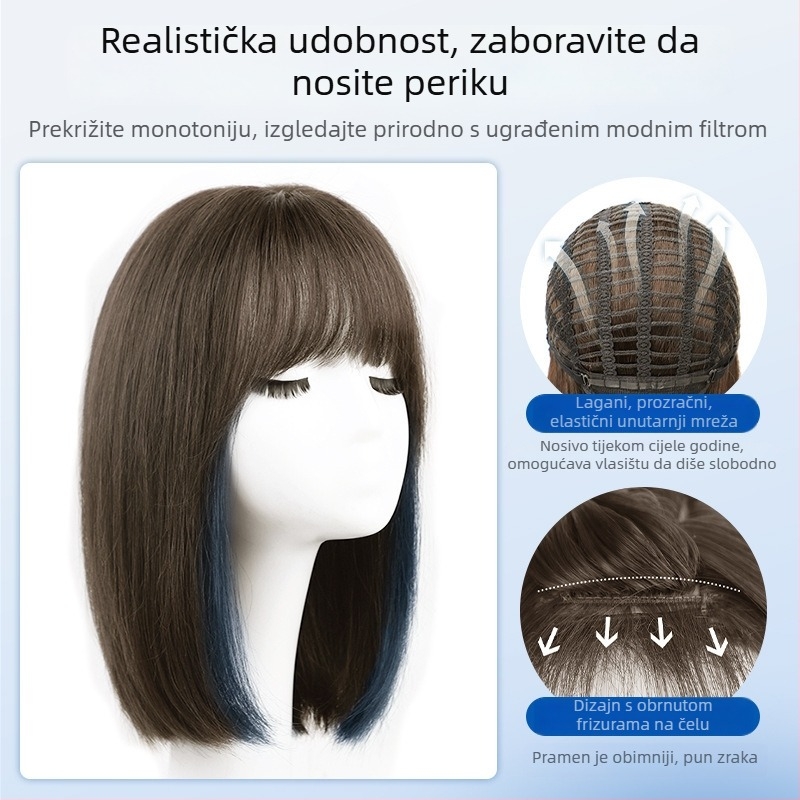 Ženska kratka perika s ravnim šiškama, prirodan dnevni izgled, strojno izrađena od visokotemperatnog svilenog materijala, univerzalni tip