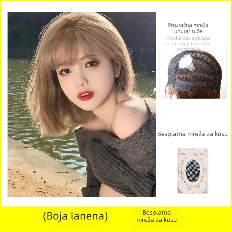 Ženska kratka perika s ravnim šiškama, prirodan dnevni izgled, strojno izrađena od visokotemperatnog svilenog materijala, univerzalni tip